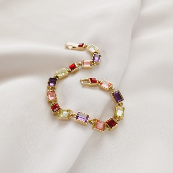Unbranded Jewelry - Colorful Baguette Acrylic Rhinestone Jewel Elegant Gold Tone Tennis Bracelet